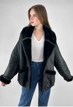 80's Vintage Arse Nito Black Leather Shearling Ladies Coat