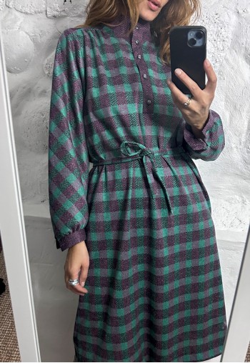Vintage 70s Plaid Midi Tie waisted Dress - M - L