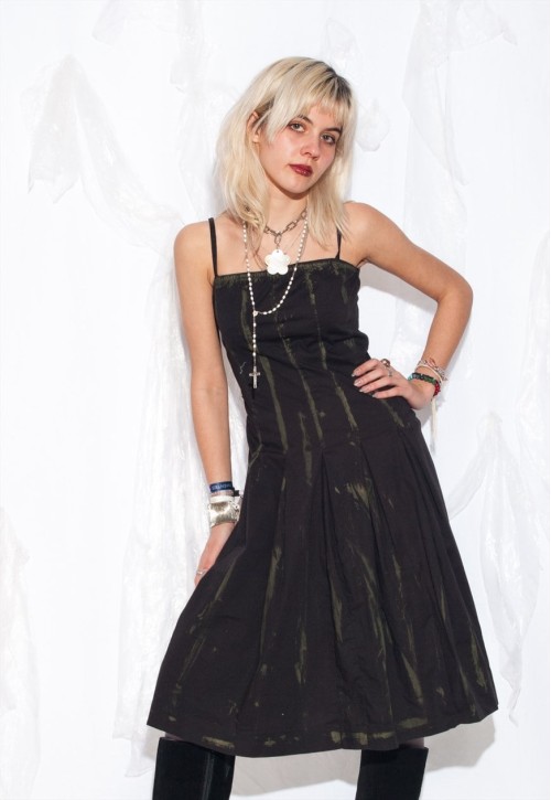 Reworked Vintage Y2K Hand-Painted Midi Dress in Black