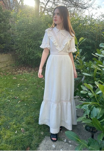 70's Vintage Cream Cheesecloth Cotton Ruffle Maxi Dress