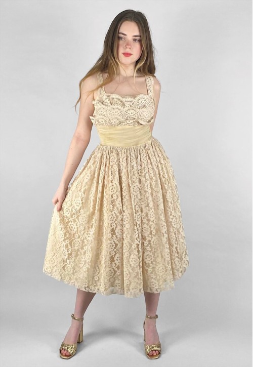 50's Bijou Cream Lace Prom Vintage Evening Prom Dress