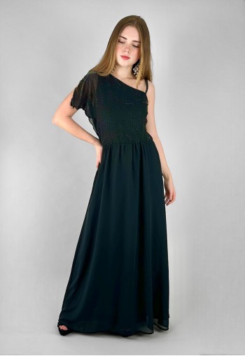 70's Vintage One Shoulder Black Lurex Evening Maxi Dress
