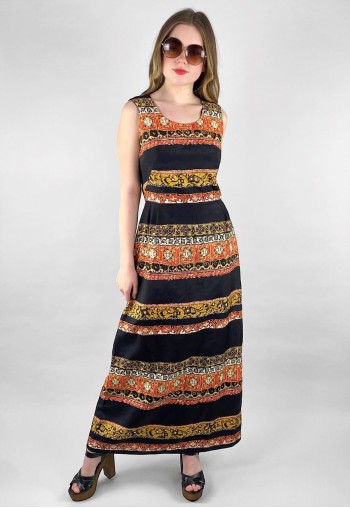 70's Vintage Sleeveless Black Batik Prink Maxi Dress