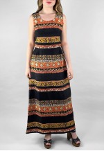 70's Vintage Sleeveless Black Batik Prink Maxi Dress