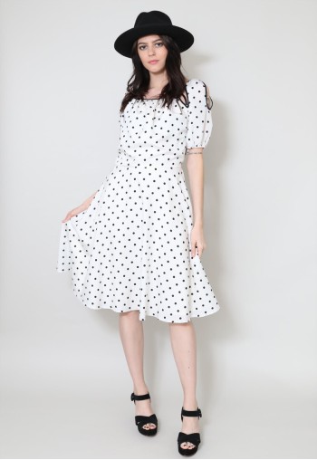 70's Vintage Dress White Black Polka Dot Short Sleeve