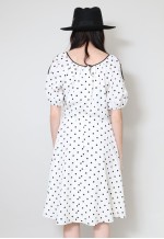 70's Vintage Dress White Black Polka Dot Short Sleeve