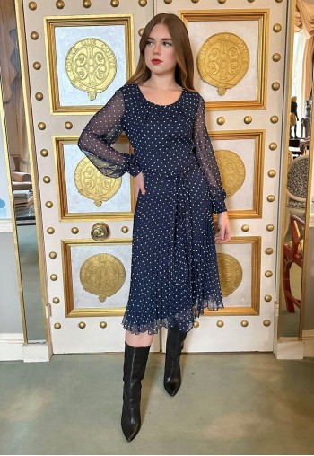 70's Vintage Blue White Polka Dot Bell Sleeve Pleated Dress