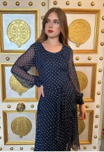 70's Vintage Blue White Polka Dot Bell Sleeve Pleated Dress