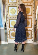 70's Vintage Blue White Polka Dot Bell Sleeve Pleated Dress
