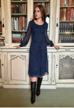 70's Vintage Blue White Polka Dot Bell Sleeve Pleated Dress