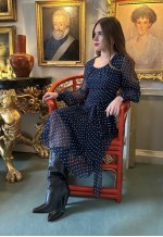 70's Vintage Blue White Polka Dot Bell Sleeve Pleated Dress