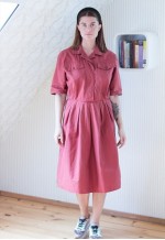 Brick red short sleeve shirt style midi dress