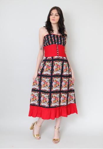 70's Vintage Red Black Floral Prairie Hippy Midi Dress
