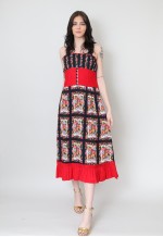 70's Vintage Red Black Floral Prairie Hippy Midi Dress