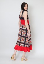 70's Vintage Red Black Floral Prairie Hippy Midi Dress