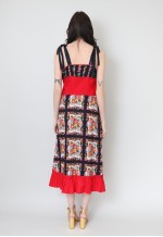 70's Vintage Red Black Floral Prairie Hippy Midi Dress