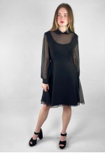 60's Black Sheer Bell Sleeve Mini Dress White Bib Ruffles