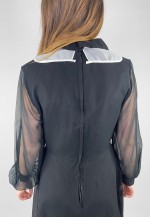 60's Black Sheer Bell Sleeve Mini Dress White Bib Ruffles