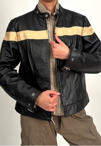 Bradley Bayou 90s Black and Beige Genuine Leather Biker Jacket