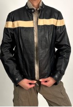 Bradley Bayou 90s Black and Beige Genuine Leather Biker Jacket