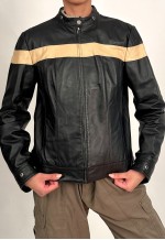 Bradley Bayou 90s Black and Beige Genuine Leather Biker Jacket